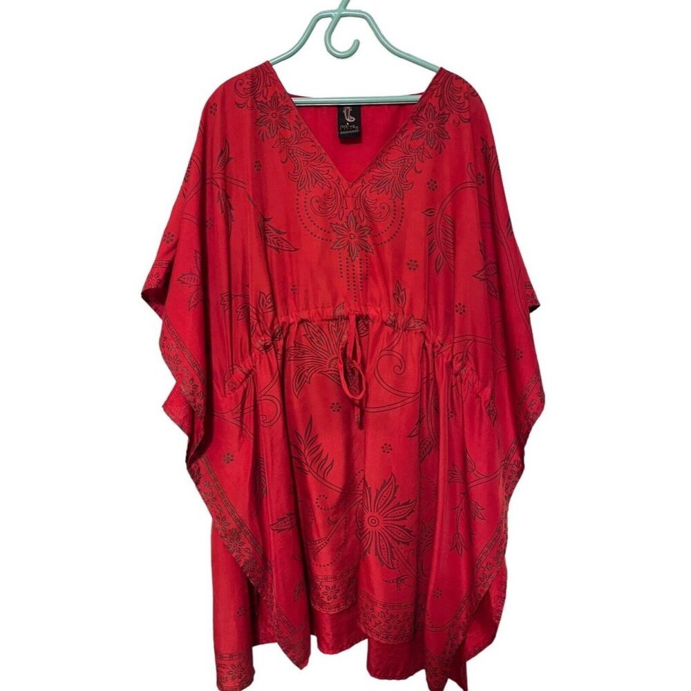 Red Priya One Size Floral BOHO Festival V Neck Kaftan Pullover Cover Up Tunic